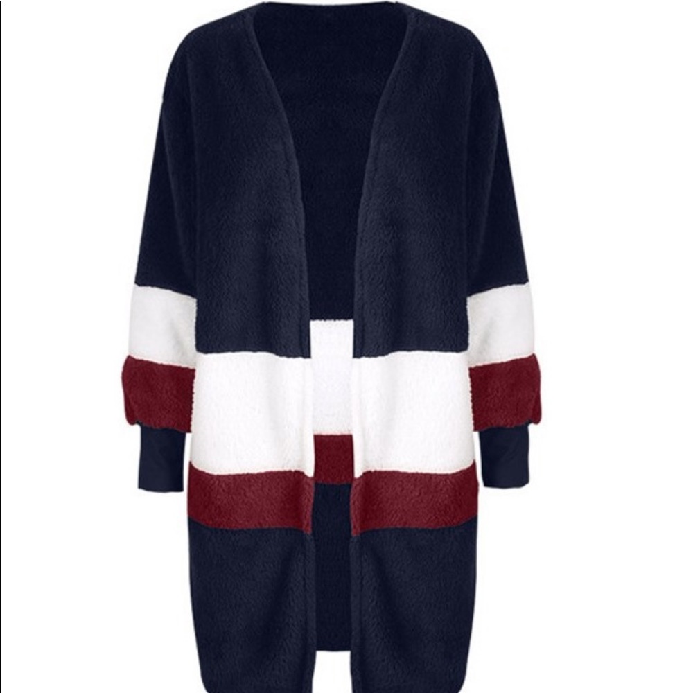 Faux fur color block cardigan- blue